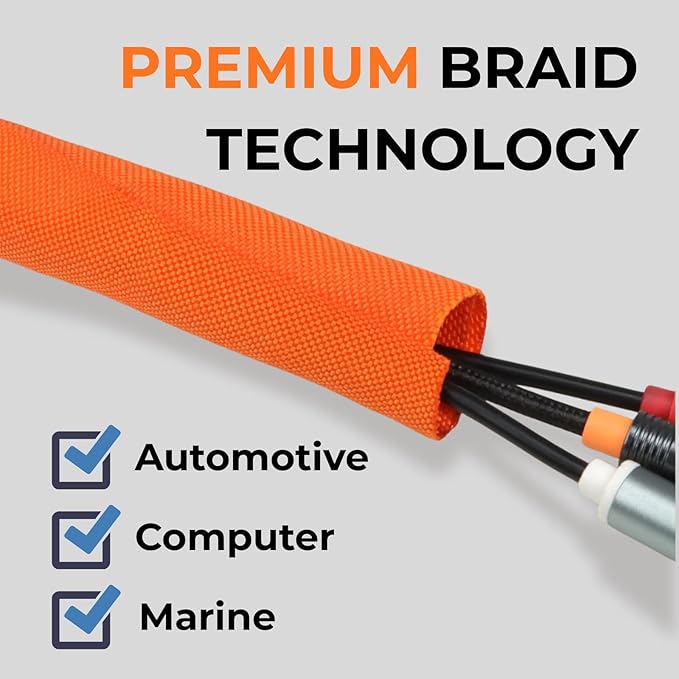HOLED 3/4 inch Split Braided Cable Management Sleeve for USB Cable Power Cord Audio Video Cable, Wire Loom Cord Protector from Cat Dog Chewing (Orange, 10FT)