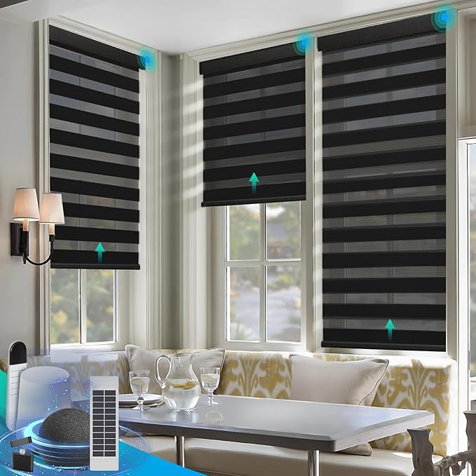 Motorized Zebra Blinds, Solar Powered Dual Layer Automatic Shades with Remote Control, Rechargeable Smart Blinds Horizontal Wireless Electric Shades for Windows, Custom Size, Black，34¼ x 72