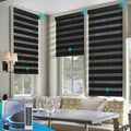 Motorized Zebra Blinds, Solar Powered Dual Layer Automatic Shades with Remote Control, Rechargeable Smart Blinds Horizontal Wireless Electric Shades for Windows, Custom Size, Black， 27 x 72