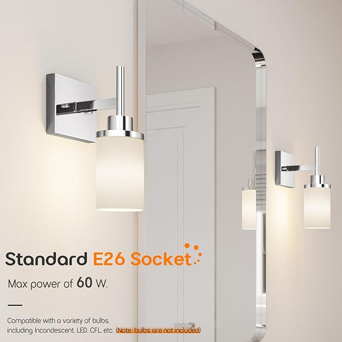 AONEON Vanity Lights Polished Chrome Bathroom Light Fixtures with White Frosted Glass Shade, Wall Sconce for Mirror Hallway Entrance Porch T001CH-L1
