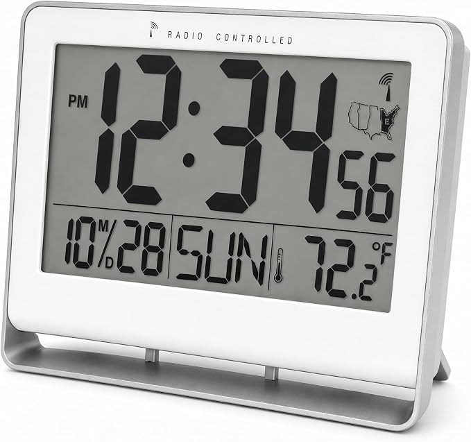 Atomic Digital Wall Clock, Battery-Operated, Large 2" LCD Numbers, Self-Setting by Ken-Tech