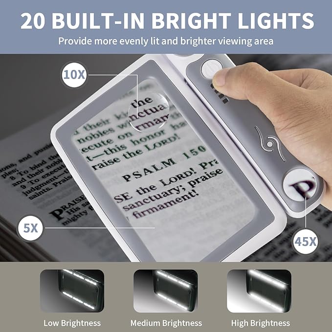 Magnifying Glass with Light, 5X 10X 45X Rechargeable Magnifier with 20 LED, 3 Light Modes Folding Lighted Magnifying Glass Handheld for Seniors Low Vision Reading (Gray & White)