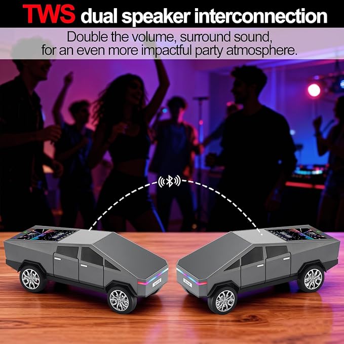 Futuristic Pickup Truck Bluetooth Speaker with LED Display Screen – Practical Gift Choice for Car Model Fans & Audio Users, TWS Stereo, FM Radio, USB/TF Playback, Front LED Headlights, Mic(Gray)