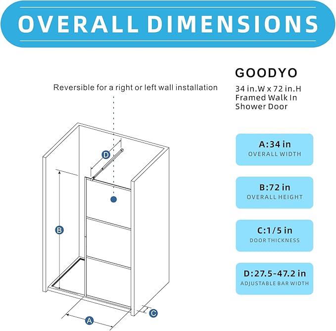 Goodyo 34" x 72" Shower Door Tempered Glass Shower Screen with Tool Bar Towel Rack for Walk in Bathroom 3-Grid Style