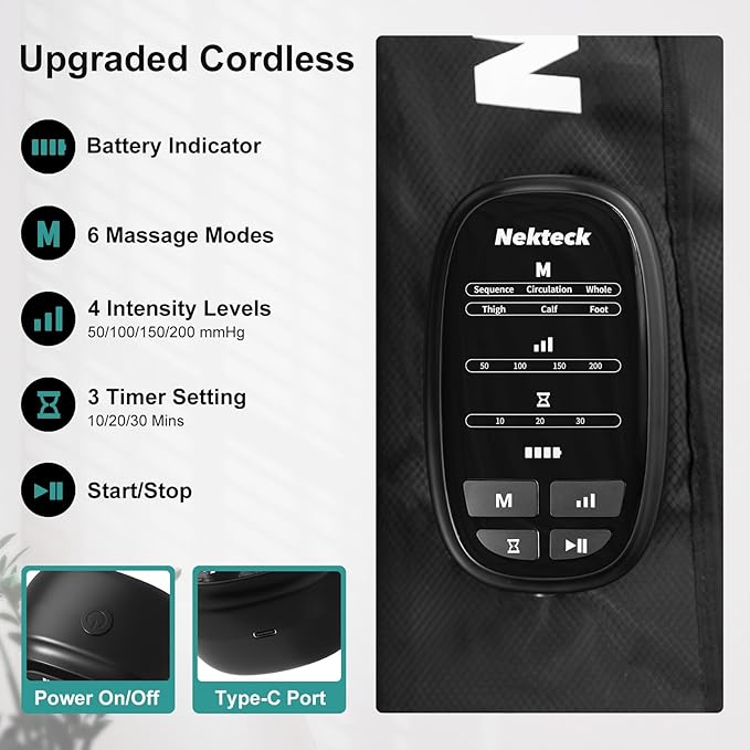 Nekteck Cordless Leg Compression Massager, FSA Eligible Massage Tools for Circulation and Pain Relief, Rechargeable Portable Full Leg Boots, Gifts for Mom Dad Men Women, HSA Eligible, Single Unit