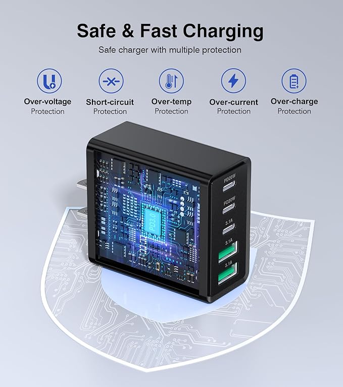 [2-Pack] USB C Wall Charger, 60W Type C Charger Block 5-Port Fast Charging Blocks,3USB C+2USB A Multiport Plug,PD Power Adapter Brick Cube for iPhone 17/16/15/14/13/Pro,iPad,Samsung,for Switch（Black）
