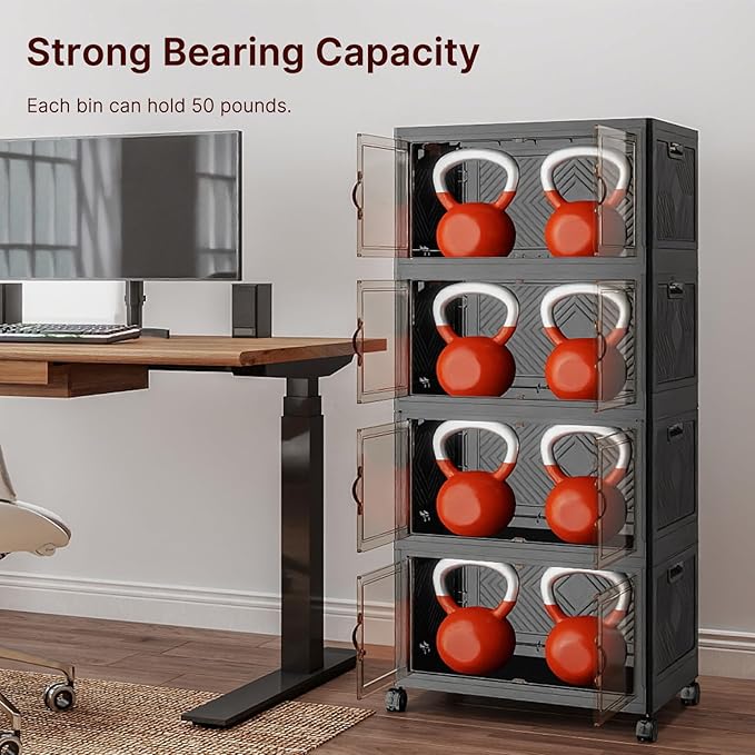 Extra Large Stackable Storage Bins with Lids & Wheels, 440QT-55QT/30GAL*8Pack Foldable Collapsible Closet Organizers Dark Storage Cabinet with Doors for Bedroom Dorm