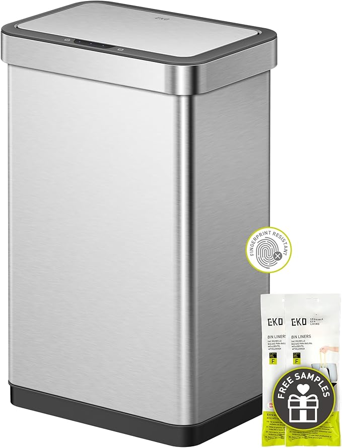 EKO EcoNova 13.2 Gallon/ 50L Automatic Sensor Kitchen Trash Can, Stainless Steel Touchless Garbage Bin with Soft-Close &Stay-Open Lid, Fingerprint-Resistant