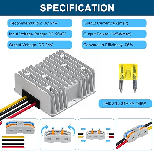 24V 145W DC-DC Converter Voltage Regulator, Step Down/Up 9V-40V to 24V 6A, Waterproof Module Power Supply for Golf Cart Accessories, Club Car