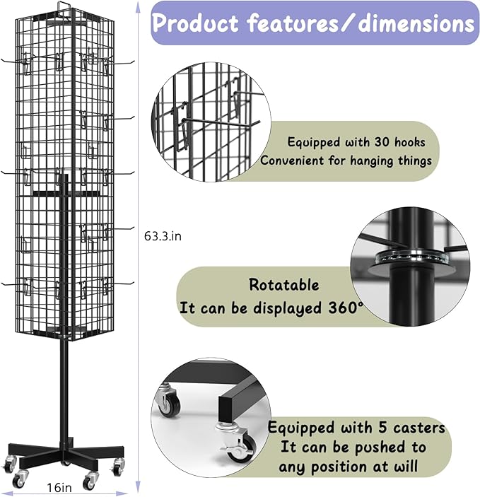 Grid Wall Panels Display Stand - 16”*63.3” Triangular Display Racks with 30 Hooks for Vendor Events , 360° Rotating Art Display Panels Heavy Duty Floor Standing Movable Retail Display Organization