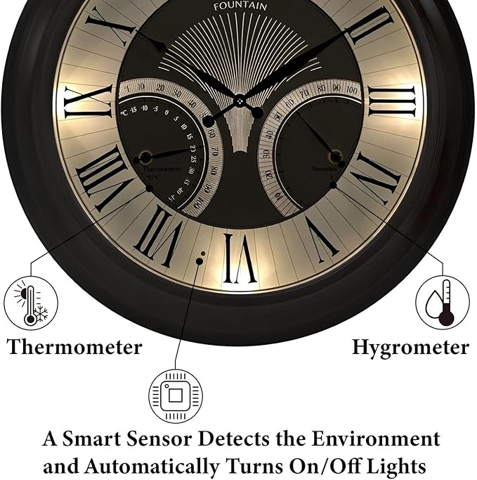 FOUNTAIN DESIGNS 24" Jameson in/Outdoor Lighted Clock, Self-Illuminated, Waterproof, 3 in 1 Weather Station (Thermometer & Hygrometer), Metal Clock, Oil Rubbed Bronze Finish(Night Light)