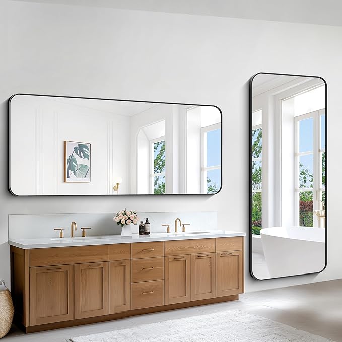 Large Bathroom Mirror, 72x30 inch Black Metal Frame Rectangular Vanity Mirror, Rounded Corner Wall Mounted Rectangle Mirrors for Bedroom Living Room Hangs Horizontal Or Vertical