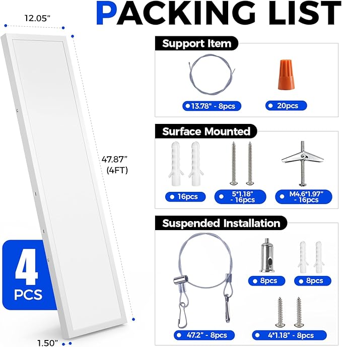 Barrina 1x4 LED Flat Panel Light Surface Mount, 8640LM 72W, 0-10V Dimmable, Selectable Flat Panel Ceiling Lights Fixture, 5CCT 3000K/3800K/4500K/5200K/6000K, Flush Mount for Kitchen, Garage, 4 Packs