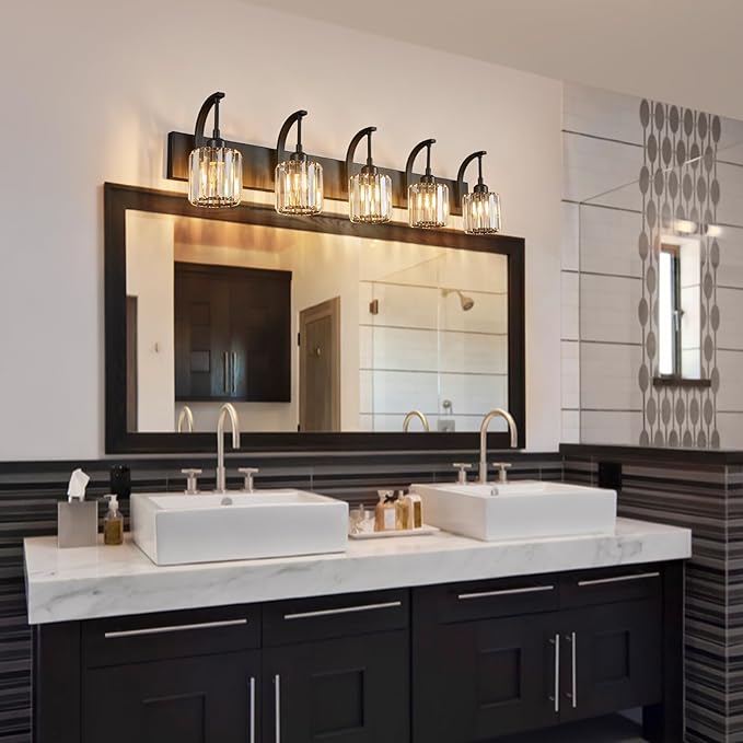 FDPBY 5-Light Crystal Vanity Light, Modern Black Bathroom Wall Sconce with K9 Crystal Shades, 42.51" Long Over Mirror Lighting for Vanity, Makeup, Hallway, Elegant & Easy Installation