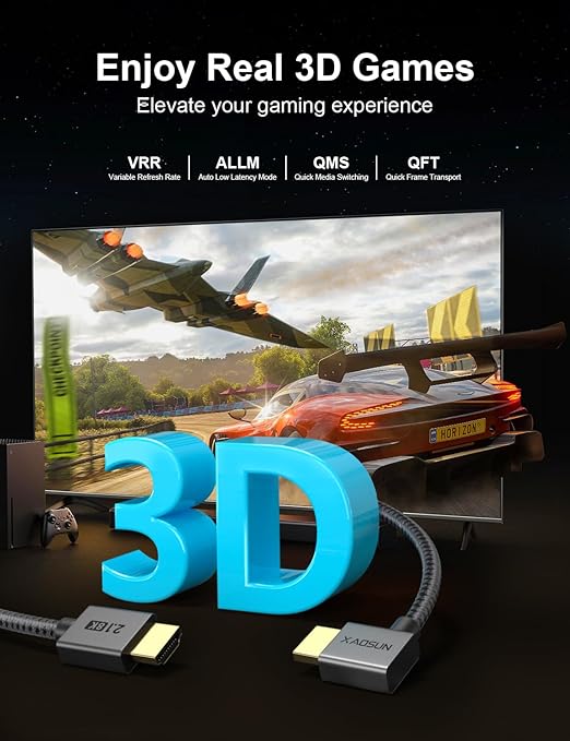XAOSUN Right Angle HDMI 2.1 Cable 6.6FT, 48Gbps Ultra High Speed HDMI Cord Support 8K@60Hz 4K@120Hz Dynamic HDR eARC HDCP 2.2& 2.3 HDR10, Compatible with ps5,ps4,x-Box,roku TV,HDTV,Blu-ray,lg,Samsung