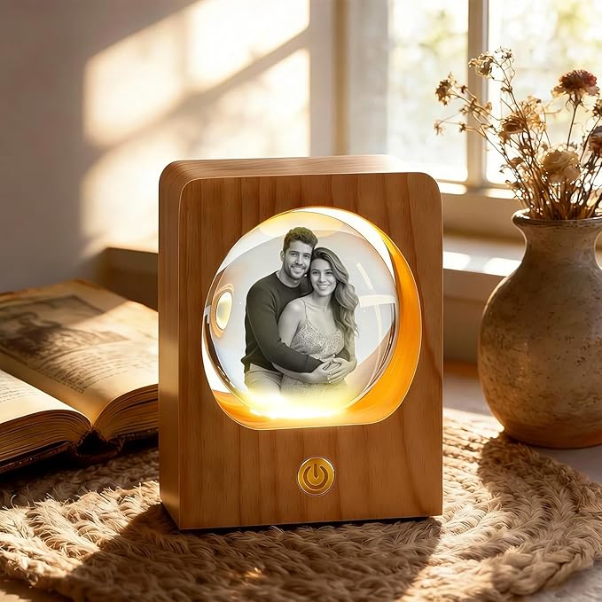 Gloryage Personalized 3D Crystal Photo Lamp – Custom Engraved Memory Ball with Warm LED Light and Wood Base, Ideal Gift for Anniversary, Wedding, Birthday, Valentine's Day, Pet Memorial