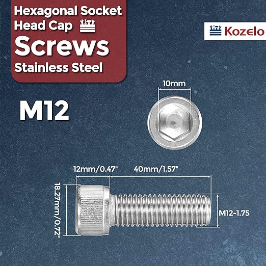 Kozelo 4pcs Socket Head Cap Screws - [M12-1.75 x 40mm] 304 Stainless Steel Allen Socket Drive for Electrical Motor 3D Printing Fan Engine Replacement Use, Silver