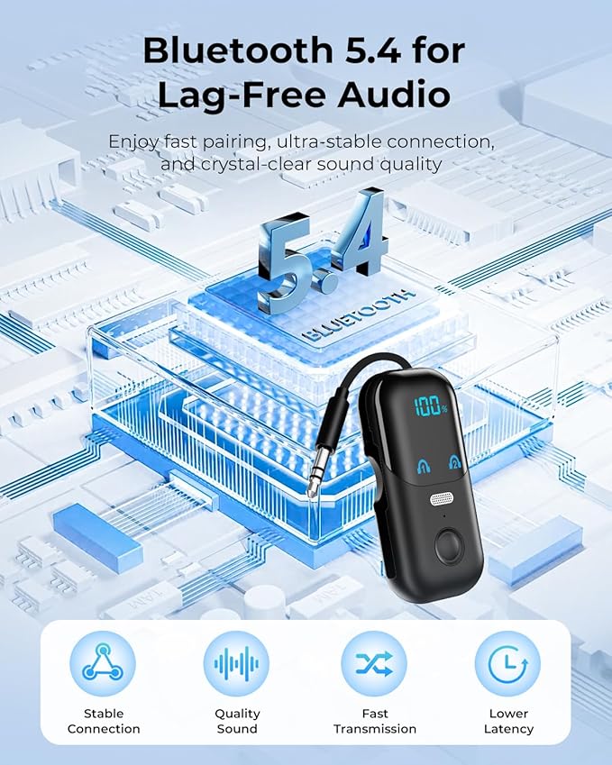 Bluetooth 5.4 Transmitter Receiver aptX Adaptive for 2 AirPods/Headphones, 2-in-1 Bluetooth Audio Adapter with Mic & LED Display for TV, Airplane Travel, 3.5mm AUX Wireless Adapter for Car/Home Stereo