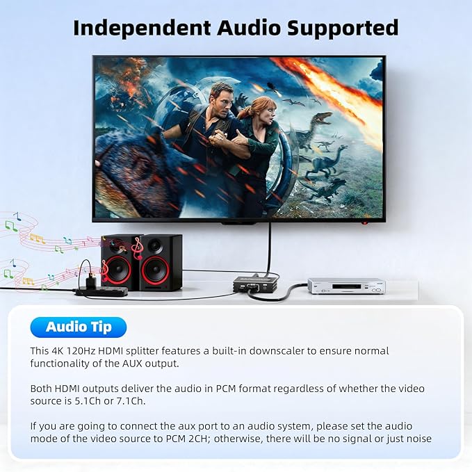 HDMI 2.1 Splitter 1 in 2 Out 4K 120Hz with 8K HDMI Cable and Power Adapter, BolAAzuL 8K 60Hz 1x2 HDMI Y Splitter with Audio Out for Dual Monitors Duplicate, Support HDCP 2.3 HDR for PS5/Xbox/PC/TV