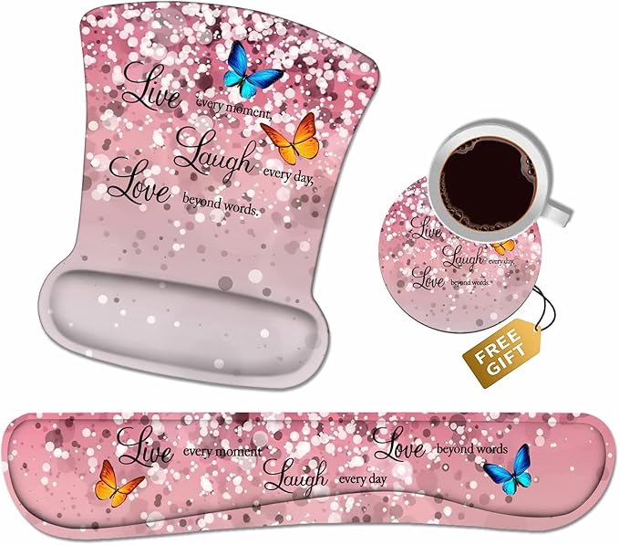 Ergonomic Mouse Pad Wrist Support and Keyboard Wrist Rest Set with Coasters, Non-Slip PU Base, Easy Typing & Pain Relief, Perfect for Home Office Working Studying, Glitter Quote Live Laugh Love