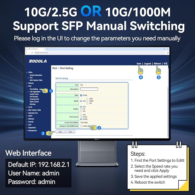 SODOLA 6 Port 10G Easy Web Managed Switch, 4X 10G RJ45 + 2X 10G SFP+ Ports - Image 6
