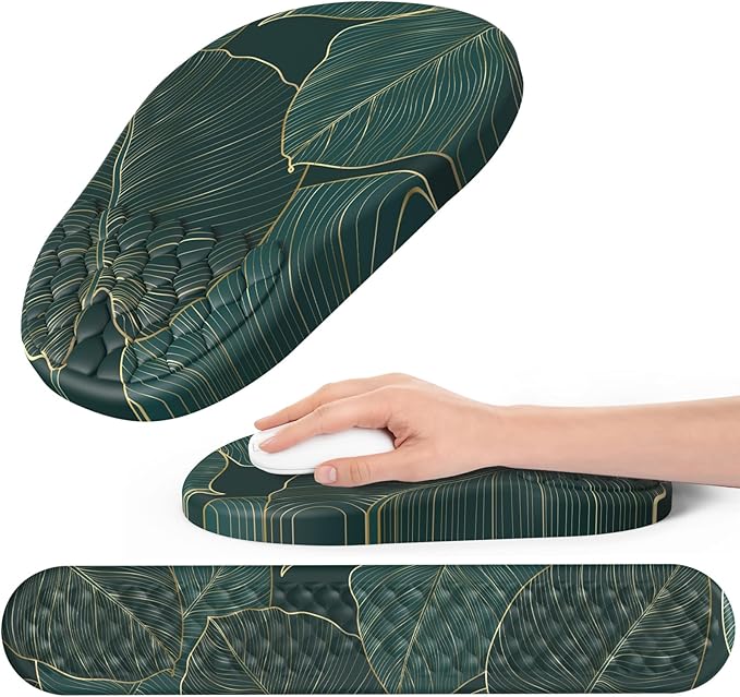 Hasinart Ergonomic Mouse Pad and Keyboard Wrist Rest with Massage Design, Space-Saving Mouse Pad Wrist Support, Memory Foam Wrist Rest with Non-Slip PU Base for Computer Desk, Green Leaves
