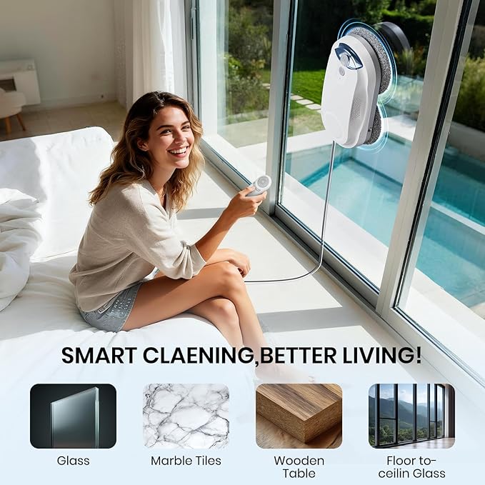 KKI Window Cleaning Robot, Auto Window Cleaner Robot, Dual Spray, Max 3200Pa, AI Path Planning & Edge Detection, Remote Control for High-Rise Windows, Glass Door,10xCloths, X3 (White)