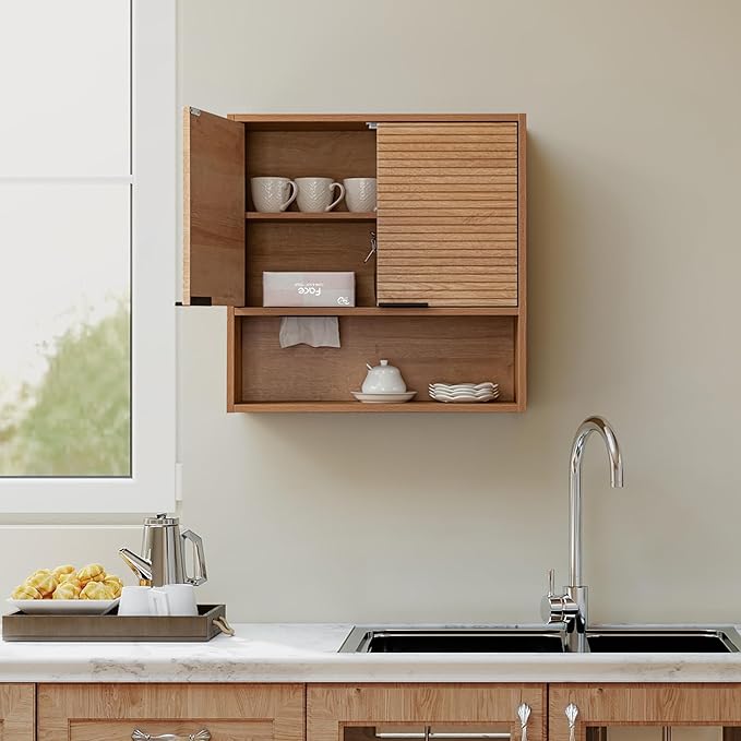 Wall Mounted Bathroom Cabinet with Motion Sensor LED Light & Tissue Dispenser, Modern Oak Medicine Cabinet Over Toilet with Fluted Door, Adjustable Shelf for Skincare & Makeup Storage