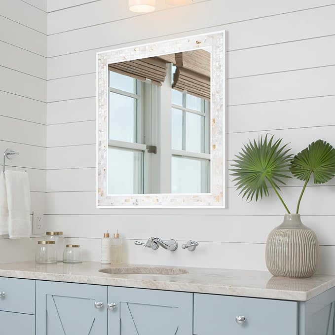 Tanmicoshomy 30 x 36 Inch White Rectangle Wall Mirror, Natural Shell Framed Rectangular Mirror for Bathroom Bedroom, Living Room, Entryway, Wall Mounted Horizontal or Vertical