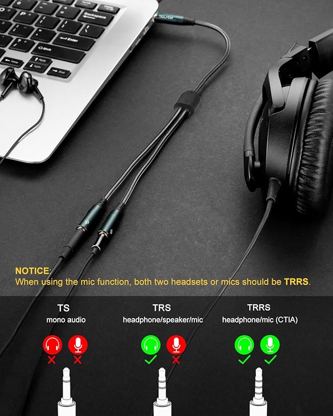 SOLMIMI Headphone Splitter (4 Feet) 3.5mm TRRS Male to Two TRRS Female Adapter Compatible with 2 Audio and Microphone Headsets to PC, Laptop, Android, Windows, Smartphones
