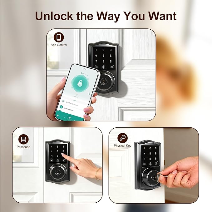 Smart Keyless Entry Door Lock with App Control, Electronic Touchscreen Keypad Deadbolt with Doorbell, App Remote, Voice Prompt, Auto Lock, IP55 Waterproof, 500+ User Capacity, Easy Installation