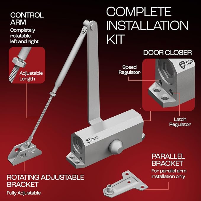 PrimeWare DC-300 Automatic Adjustable Door Closers for Home | Soft Close, No Slam | Residential and Commercial Door Closer | Level 3 | for Doors Weighing 90-140 lbs | Hydraulic Door Spring - Nickel