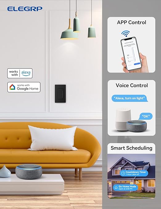 ELEGRP Single Pole Smart Dimmer Light Switch DPR10, 2.4GHz Wi-Fi Dimmer Switch Compatible with Alexa and Google Assistant, Needs Neutral Wire, No Hub Required, UL and FCC Listed, Black, 1 Pack