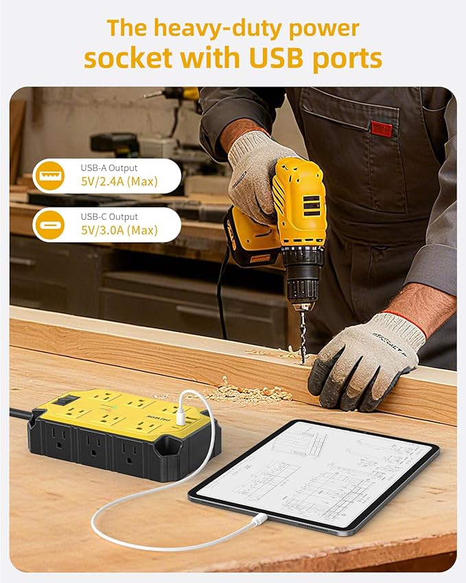 Heavy Duty Power Strip15 Amps/1200 Joules, 12 Outlets with 4 USB Ports (2 USB-C), Industrial Magnetic Surge Protector, 6.5 FT Extension Cord for Industrial Shop Garage (Yellow)