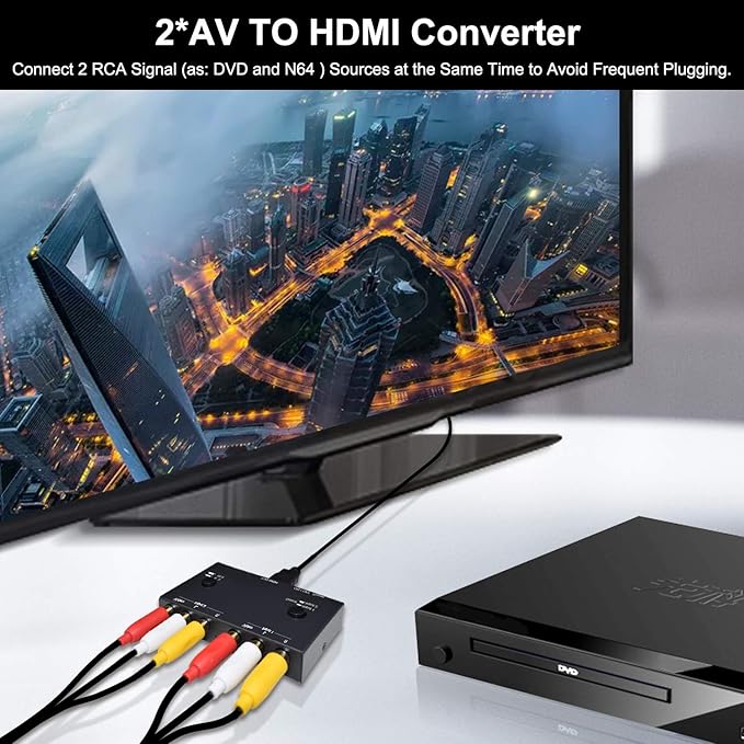 Azduou 2 AV to HDMI, 1080P/720P TV 2 Way RCA Composite CVBS AV Switch to HDMI Video Audio Converter Adapter Support 4:3/16:9 Switching, for Sega Xbox PS2 PS3 N64 NGC SNES WII VHS VCR Camera DVD
