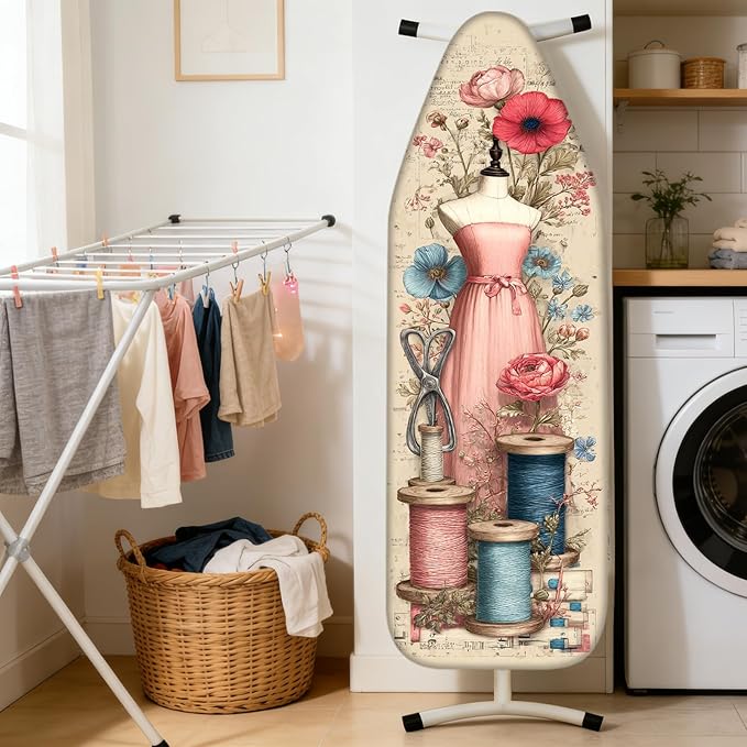 Nuxovilar Ironing Board Cover Needle Cotton 15x54 Inches | Ironing Board Cover and Pad Floral Dress Sewing Design Needle Cotton for Craft Room, Laundry Space, Bedroom