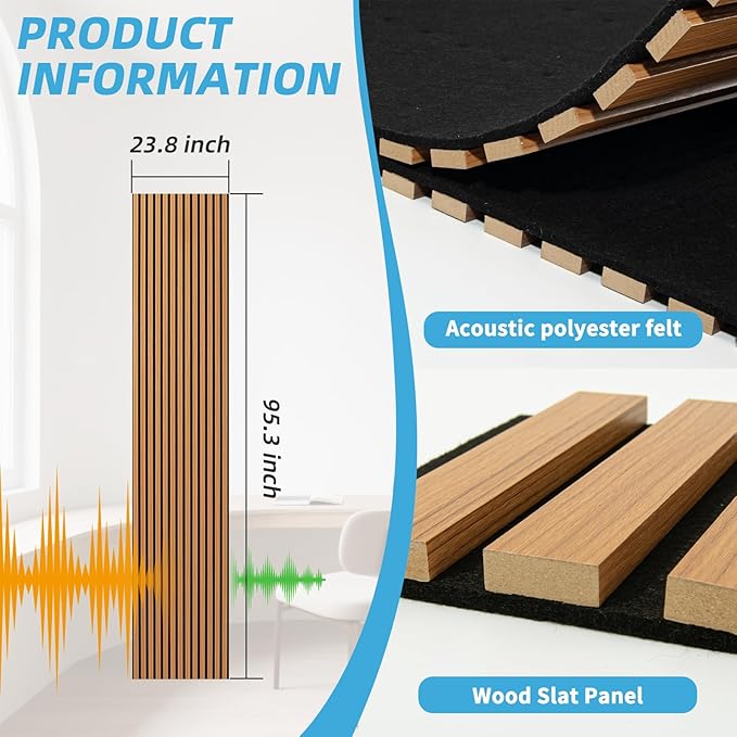 Art3d 1-Pack Acoustic Wood Slat Wall Panel with Roll-Flat Design - 95.3 x 23.8 Inch Sound Absorbing Panels for Living Room Columns Corridor Curved Wall Decor, Teak