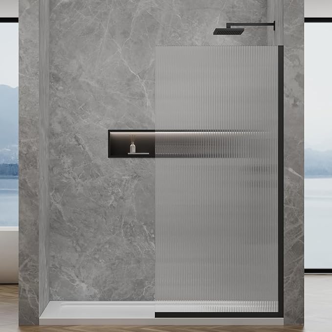 36"x76" Fixed Glass Shower Door, 3/8"(10mm) Thick Fluted Privacy Tempered Glass, Frameless Shower Glass Panel, Shower Screen Half Wall for Walk in Shower, Matte Black