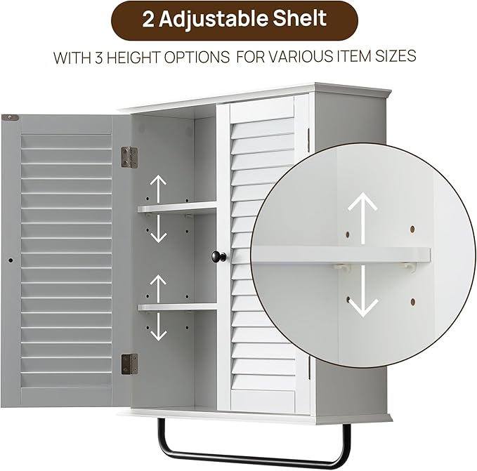 Bathroom Storage Cabinet with Adjustable Wood Shelves & Doors, Made of PDF Wood, Wall Mounted with Towels Bar, Over The Toilet Storage Cabinet for Kitchen & Living Room & Laundry Room-White