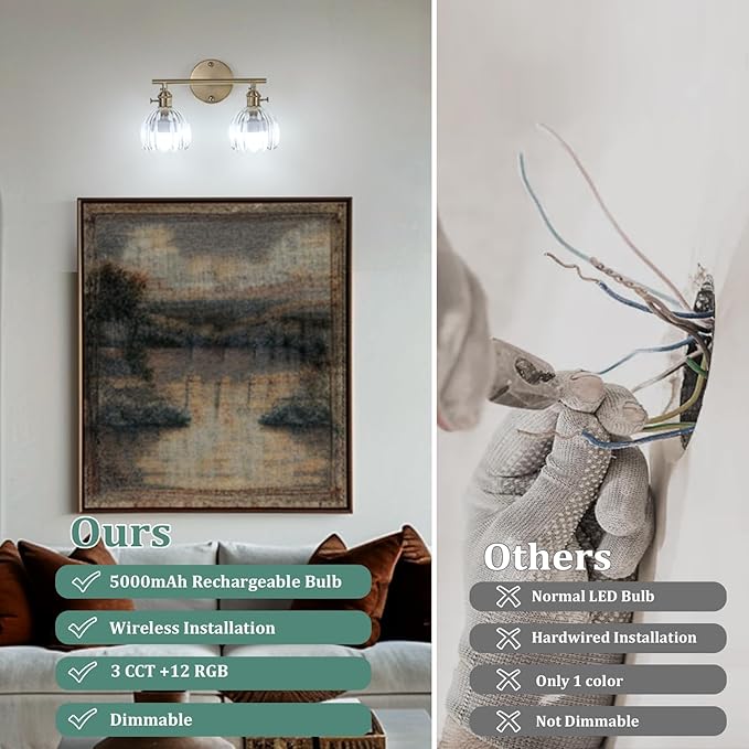 Shenmoyl Battery Operated Bathroom Light Fixtures, 2-Light Brass Vanity Wall Light with 5000mAh Rechargeable Bulb Over Mirror with Clear Tulip Glass Shade for Bedroom Living Room