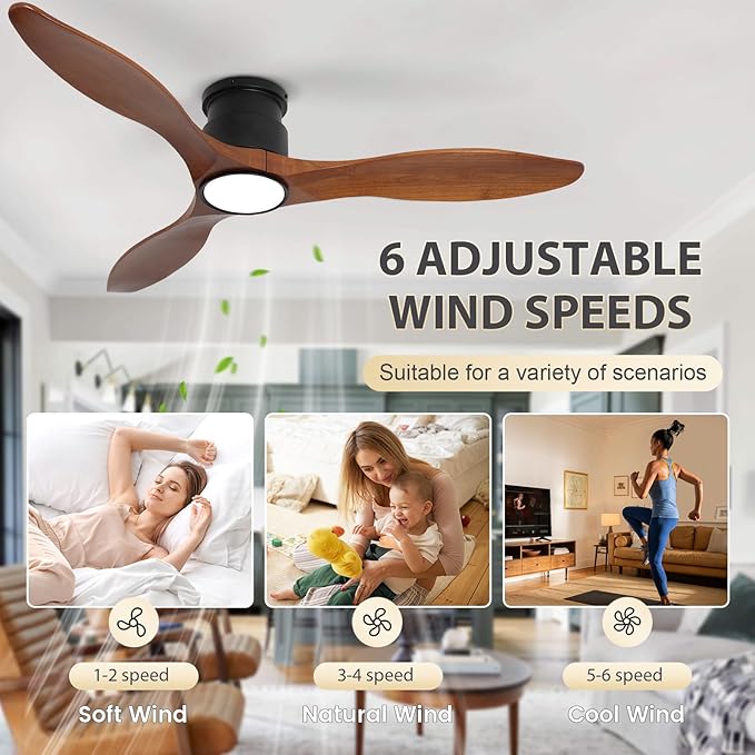 revoici 52Inch Wood Ceiling Fans with Lights and Remote Control, Indoor Outdoor Ceiling Fans Farmhouse, Low Profile Ceiling Fan with Light Timing 6 Speeds 3 Color Light Memory Lighting Reversible