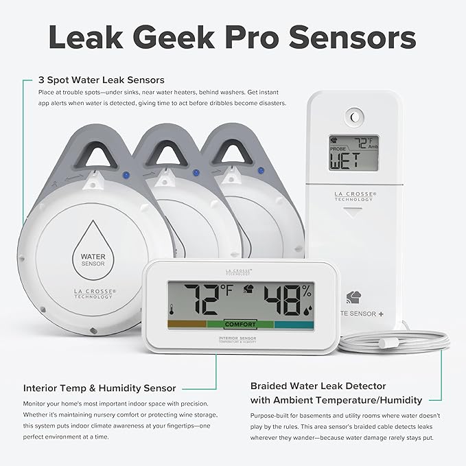 Leak Geek Pro Wi-Fi Alert System: Bridge Gateway, 3 Water Spot Detection Sensors, a Water Leak Area Detection Sensor with 76-inch Cable, and an Interior Temperature and Humidity Sensor Display