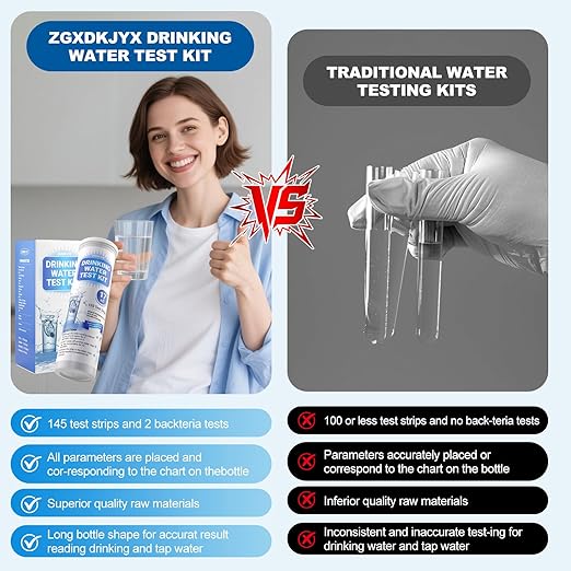21-in-1 Home Drinking Water Testing Kit,145 Strips + 4 Bacteria Tests,Tap and Well Water Test Kit, Easy to Test and Read Home Test Strips for Hardness, Lead, Iron, Fluoride, pH, Copper and More