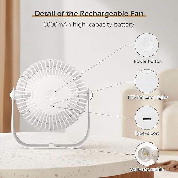 CIVPOWER Desk Fan: Table Fan Small Portable Rechargeable with 6000 mAh Battery - 4 Speed and Timing - Quiet Desktop 8 Inch Fan for Bedroom Room Dorm Office Air Circulation 270°Adjustable
