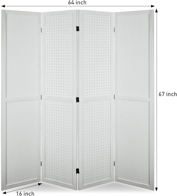 ECOMEX 4 Panel Room Divider, 5.6Ft Pegboard Display Wooden Room Divider Folding Privacy Screen Room Divider Freestanding Peg Board Display for Trade Show Craft Show Home Wall Organizer, Elegant White
