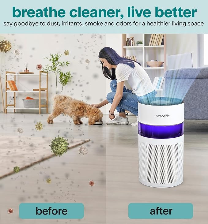 SereneLife Portable Air Purifier | Small Air Purifier For Home, Allergies, Pet Hair & Bedrooms | Filter Change Reminder & Aroma Box | Filtration Removes Dust, & Smoke Odor | Timer & Sleep Mode | White