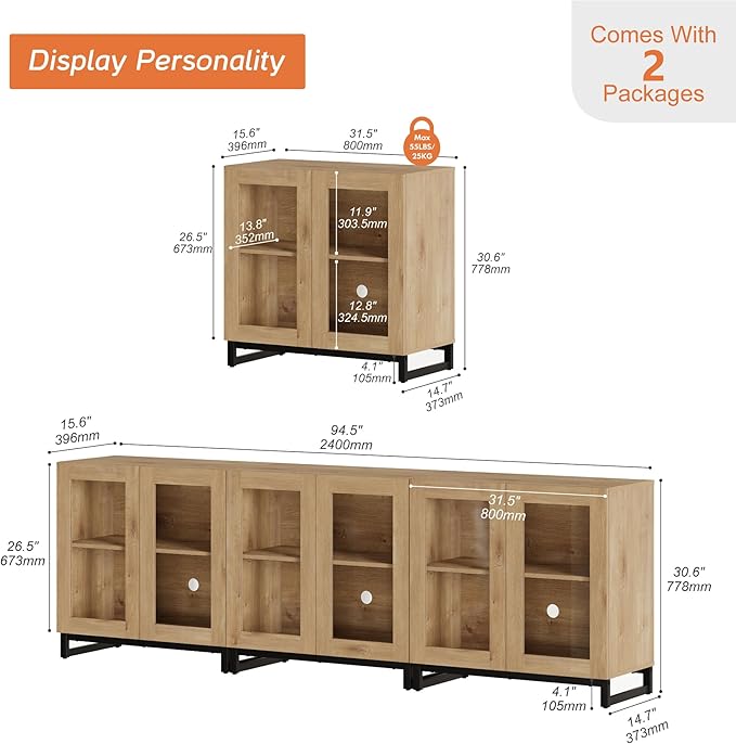 WAMPAT Modern TV Stand with Glass Doors for 110 inch TVs, 3 in 1 Entertainment Center Console with Adjustable Shelves and Metal Base for Living Room, Bedroom, Oak