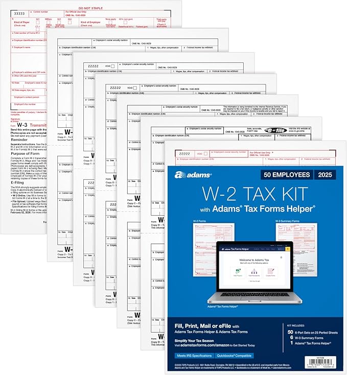 Adams W-2 Forms 2025, 6-Part Kit for 50 Recipients, Includes 6 W-3 Forms, QuickBooks Compatible, eFile Access and Printing Through Adams Tax Forms Helper Software (1017239)