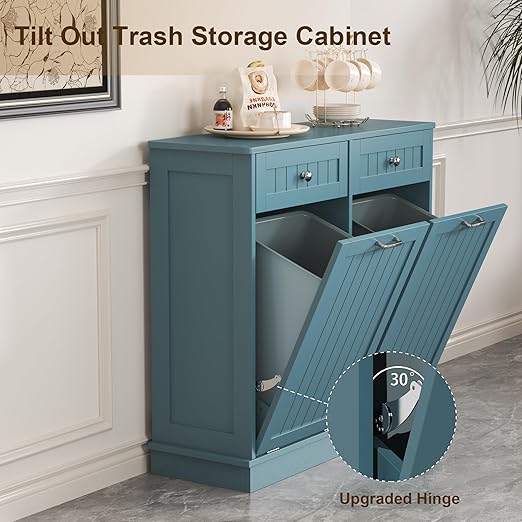 Tilt Out Trash Cabinet with Double Hidden Trash Can Holder, Kitchen Free Standing Recycling Cabinet,Dog Proof Trash Can,Wood, Teal