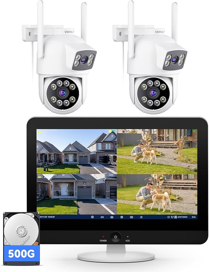 VORGUT Security Camera System Wireless Outdoor with 12" Monitor, 2pcs 2K Dual Lens Cameras for Home & Business Surveillance, 360° PTZ, 2.4G/5G WiFi, Human Detection, Auto Tracking, 16CH NVR, 500G HDD